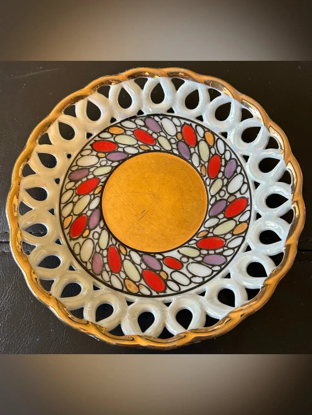 Gold-Trim Teacup & Saucer Set with Red, Purple, and Cream Mosaic Accents